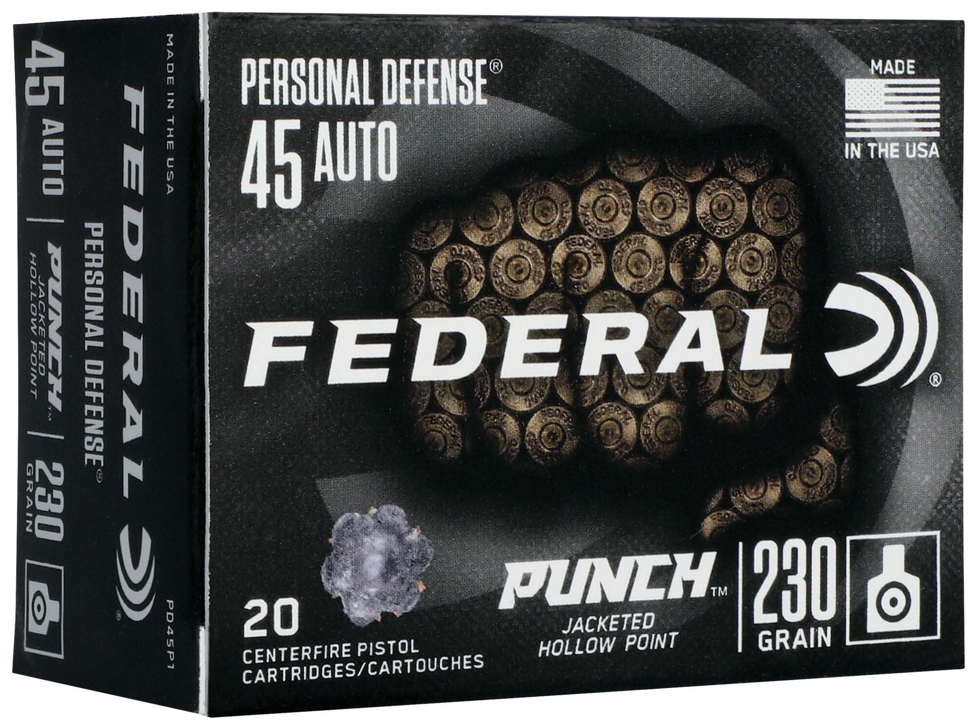 Federal Premium Personal Defense Punch 45 Auto 230 Grain Jacketed Hollow Point Centerfire Pistol Ammunition