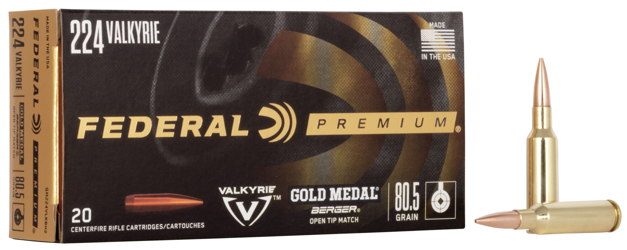 Federal Premium GOLD MEDAL BERGER .224 Valkyrie 80.5 Grain Berger Boat Tail Target Centerfire Rifle Ammunition