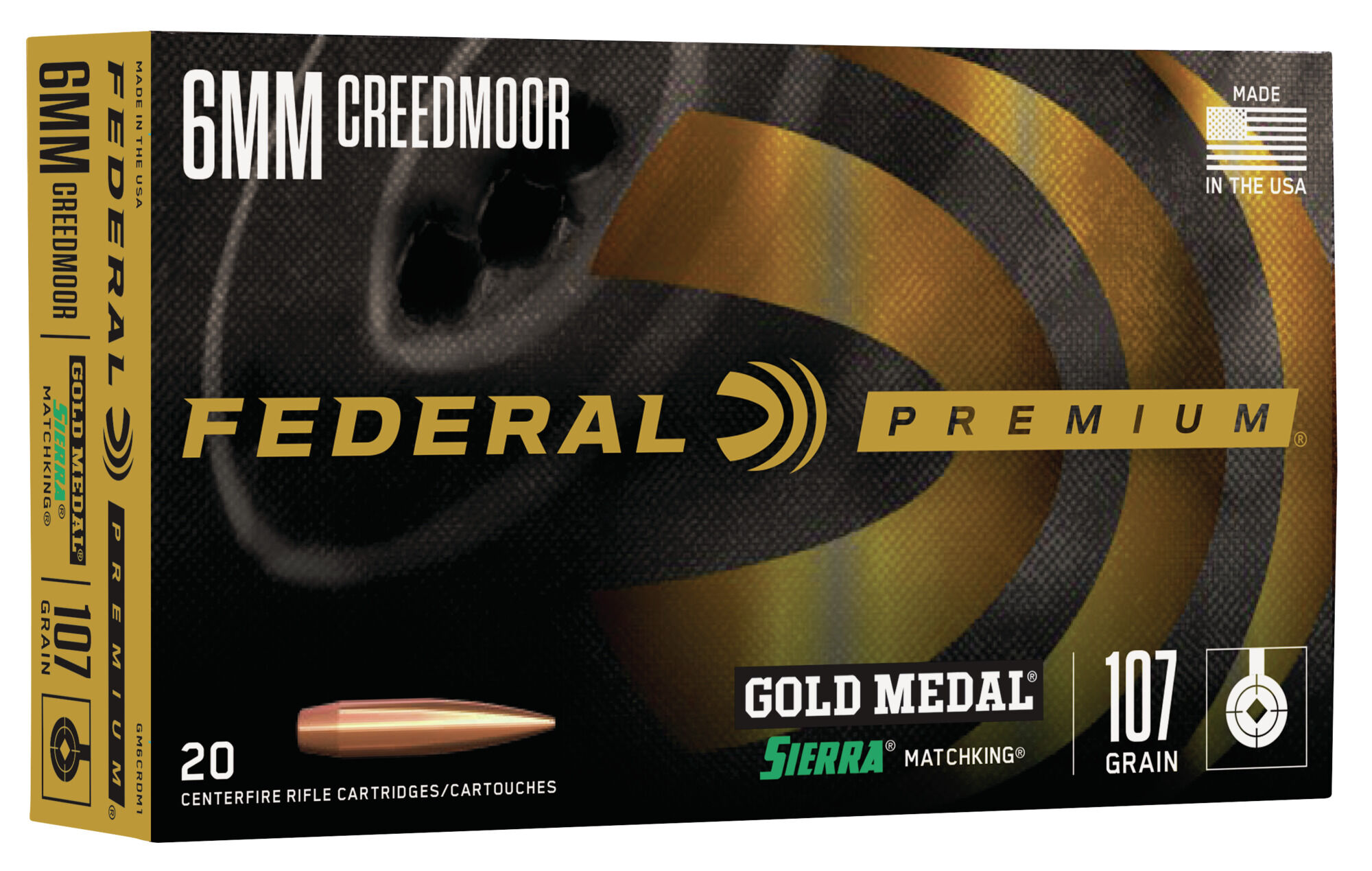 Federal Premium GOLD MEDAL SIERRA MATCHKinG 6mm Creedmoor 107 Grain Sierra MatchKing Boat Tail Hollow Point Centerfire Rifle Ammunition