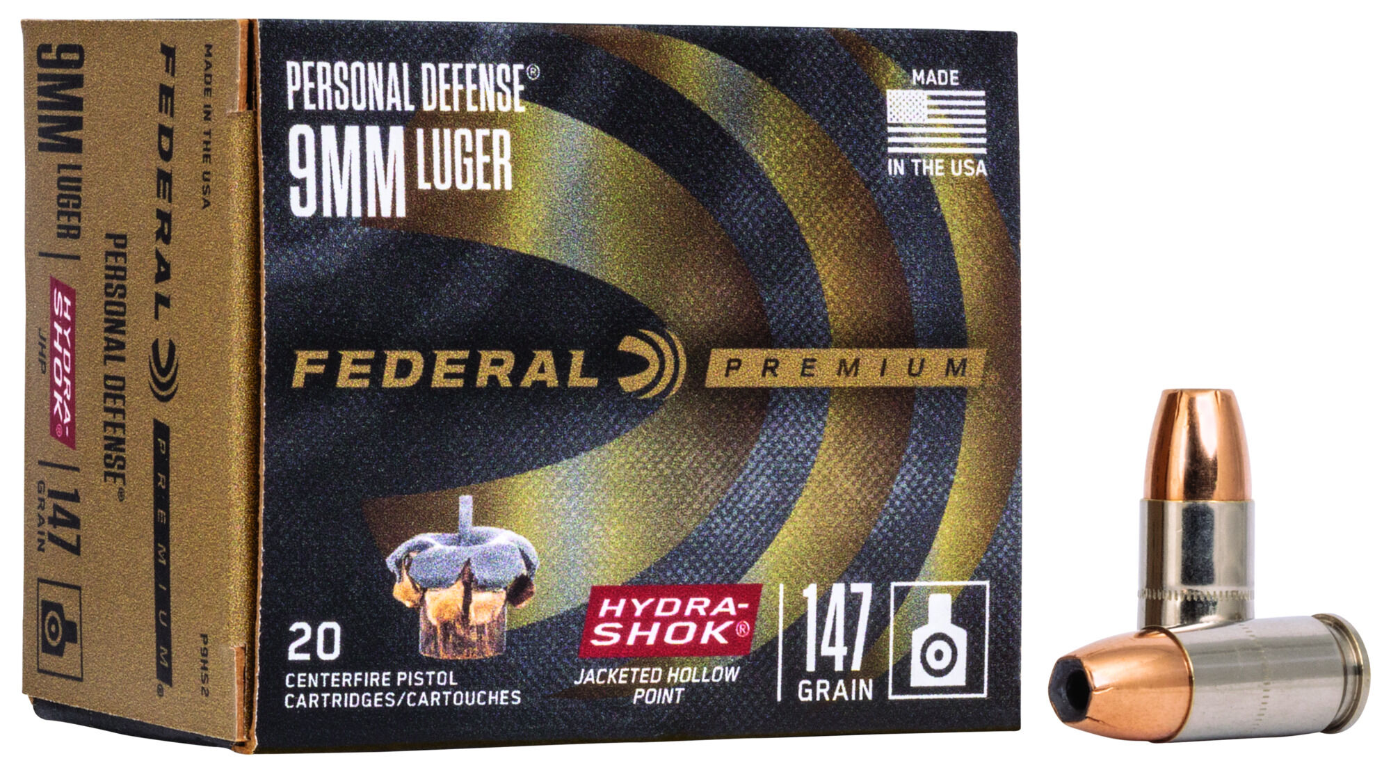 Federal Premium Centerfire Handgun Ammunition 9 mm Luger 147 grain Hydra-Shok Jacketed Hollow Point Centerfire Pistol Ammunition