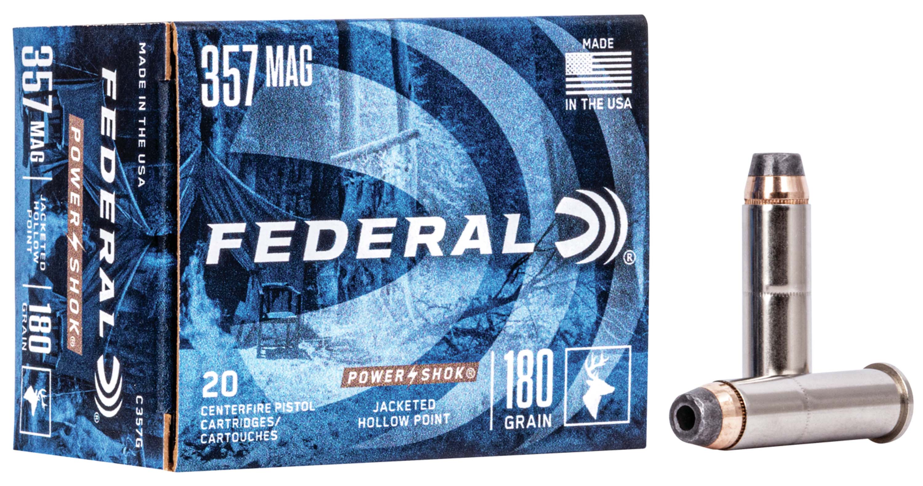 Federal Premium Power-Shok Handgun 357 Magnum 180 Grain Jacketed Hollow Point Centerfire Pistol Ammunition