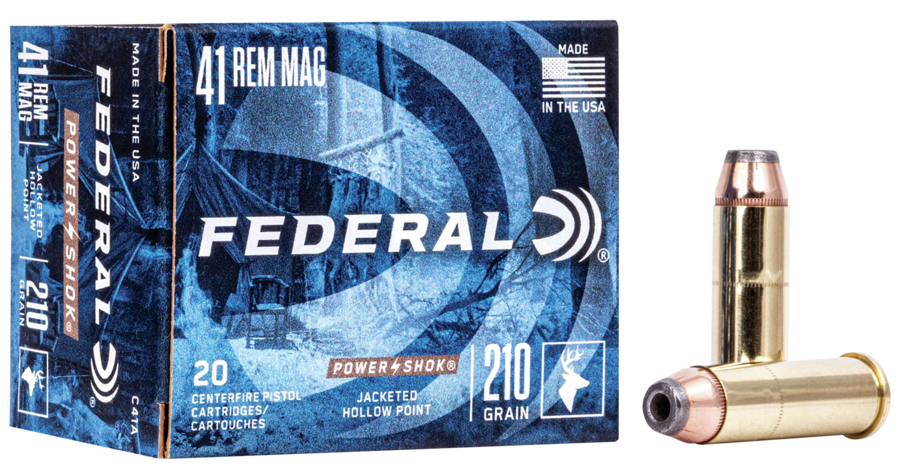 Federal Premium Power-Shok Handgun 41 Rem Magnum 210 Grain Jacketed Hollow Point Brass Cased Centerfire Pistol Ammunition