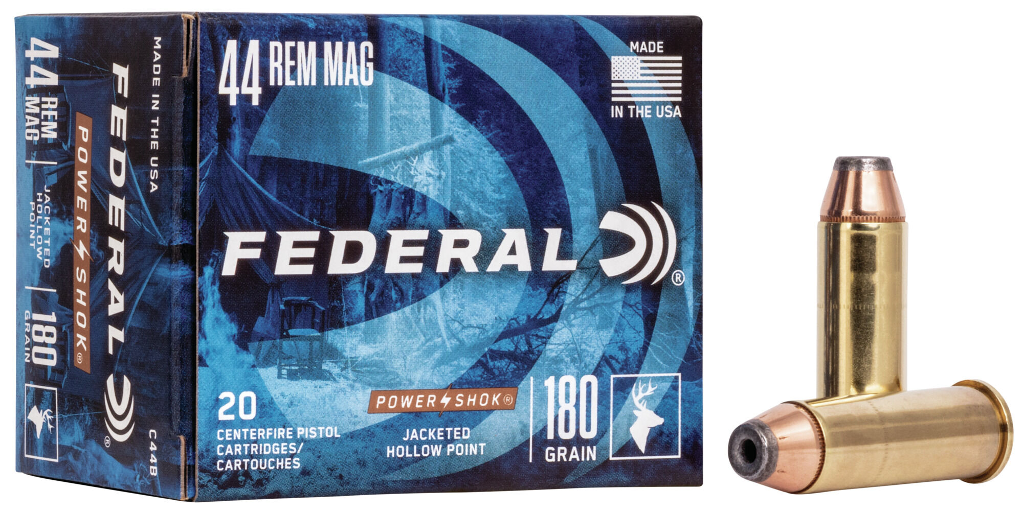 Federal Premium Power-Shok Handgun 44 Rem Magnum 180 Grain Jacketed Hollow Point Centerfire Pistol Ammunition