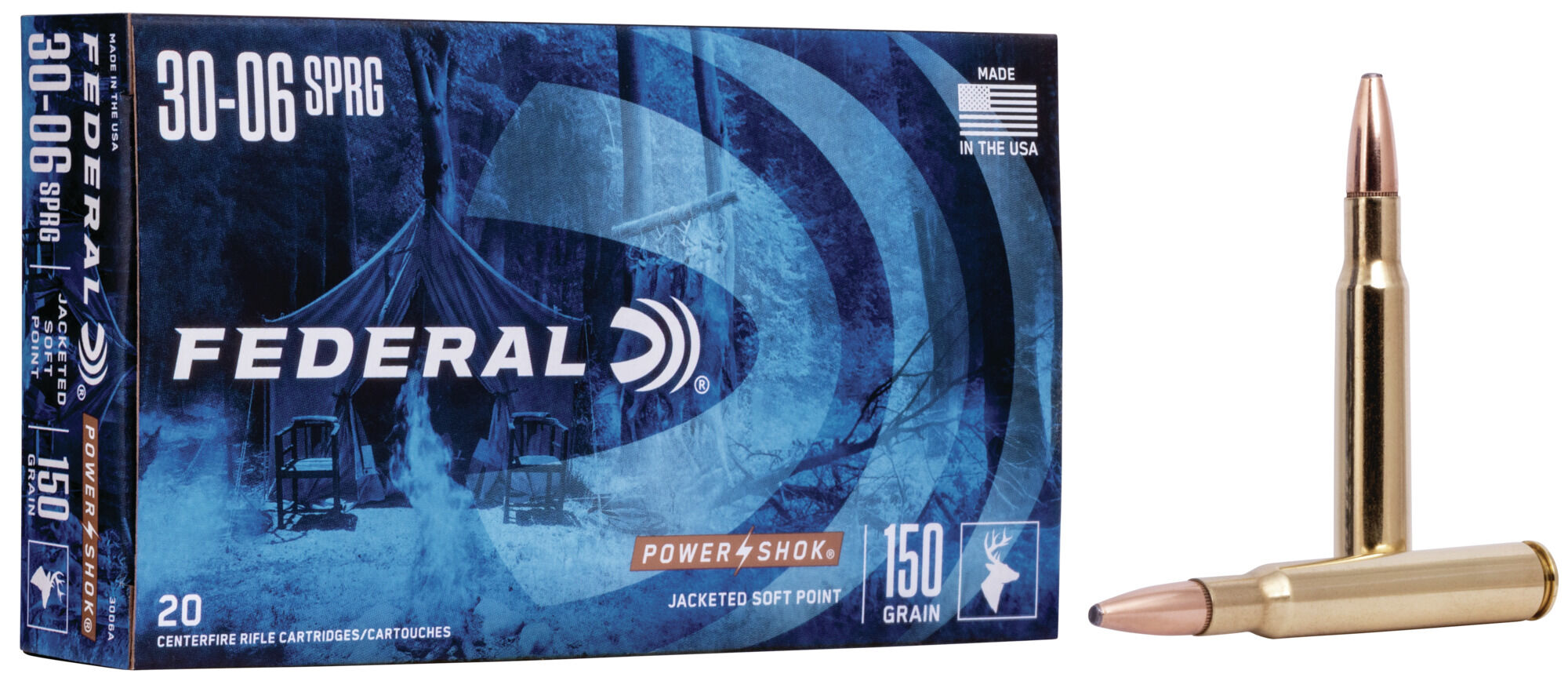 Federal Premium Power-Shok .30-06 Springfield 150 Grain Jacketed Soft Point Centerfire Rifle Ammunition