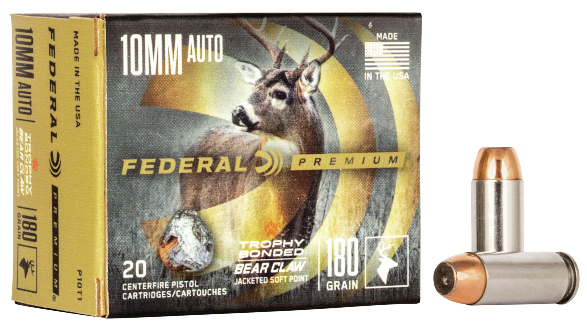 Federal Premium Trophy Bonded Bear Claw Handgun 10mm Auto 180 Grain Nickel-Plated Cased Bonded Soft Point Centerfire Pistol Ammunition