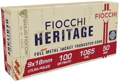 Fiocchi Heritage 9x18 Ultra 100 Grain FMJ Brass Cased Pistol Ammunition