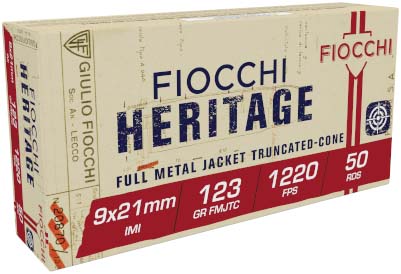 Fiocchi Heritage 9x21 IMI 123 Grain FMJTC Brass Case Pistol Ammunition