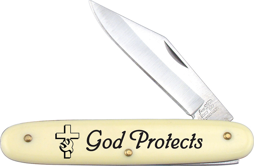 opplanet frost novelty god protects folding knife 2 25in clip point white composition handle fnb1 main