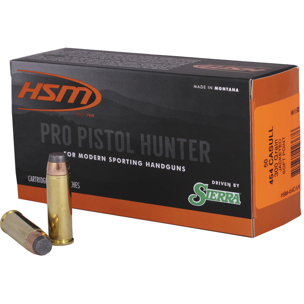 HSM Ammunition Pro Hunter .454 Casull 300 Grain Jacketed Soft Point (JSP) Brass Cased Centerfire Pistol Ammunition