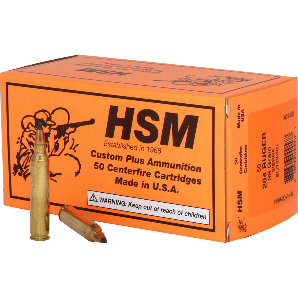 HSM Ammunition Varmint .204 Ruger 39 Grain Sierra Blitzking Brass Cased Centerfire Rifle Ammunition