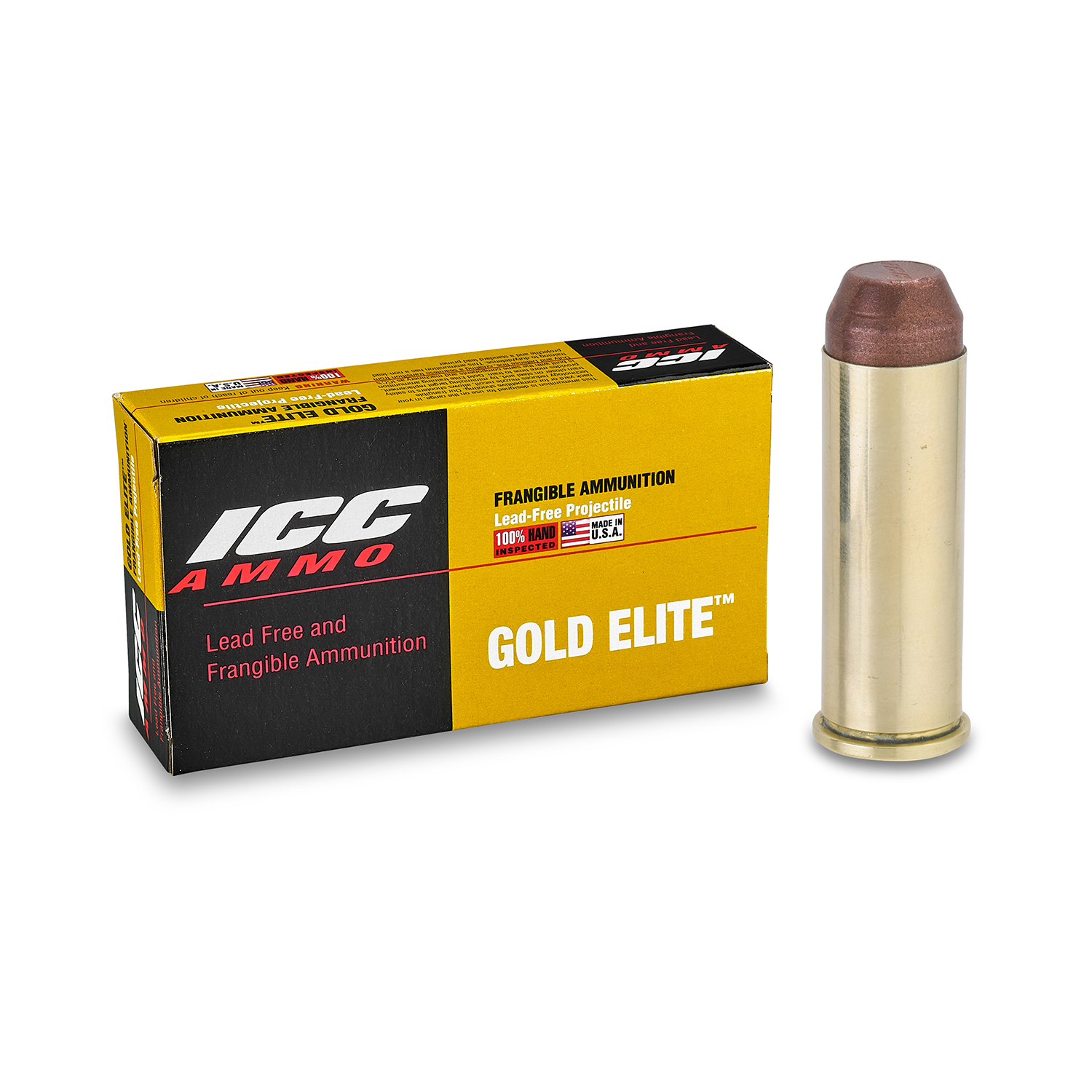 ICC Ammo Gold Elite .44 MAG 185 Grain Frangible Flat Point Brass Pistol Ammunition