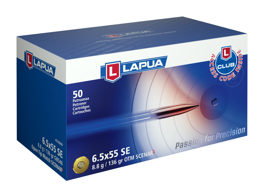 Lapua Scenar-L 6.5x55mm Swedish 136 grain Scenar-L Open Tip Match Brass Cased Centerfire Rifle Ammunition