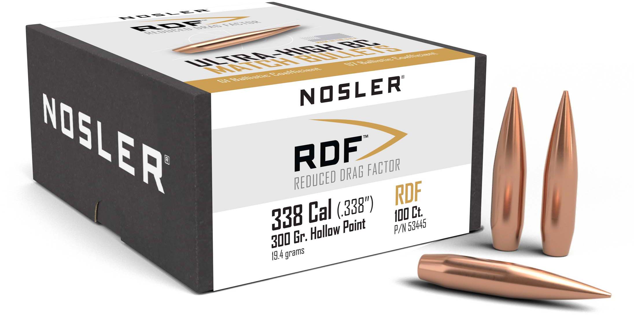 Nosler 53445 RDF 338 Caliber .338 300 GR Hollow Point Boat Tail (HPBT) 100 Box