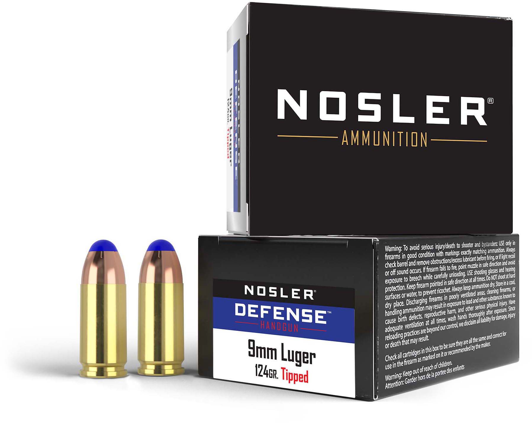 Nosler Defence 124 Grain 9mm +P Bonded Tipped Brass Cased Cased Pistol Ammunition
