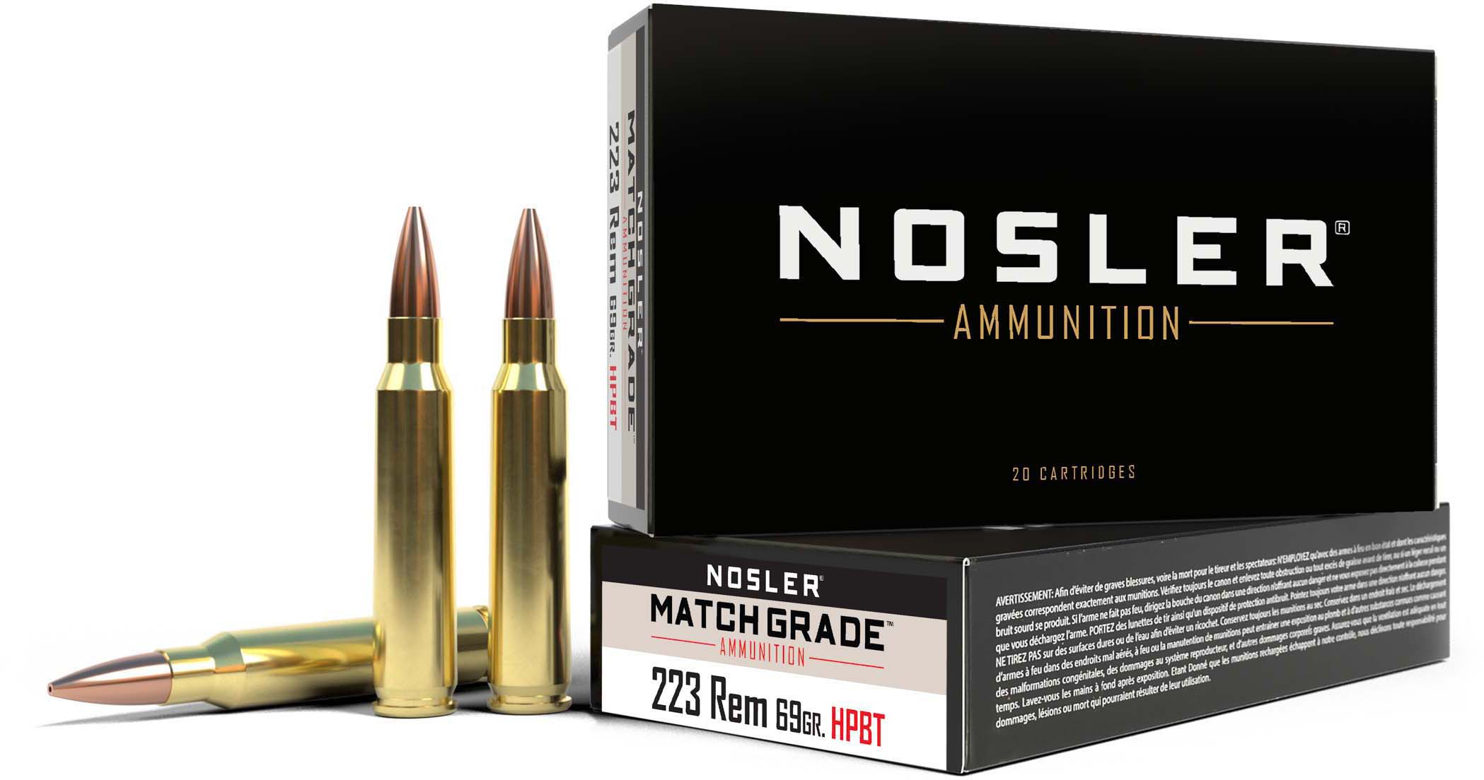 Nosler Match Grade .223 Remington 69 Grain Custom Competition Brass Cased Centerfire Rifle Ammunition