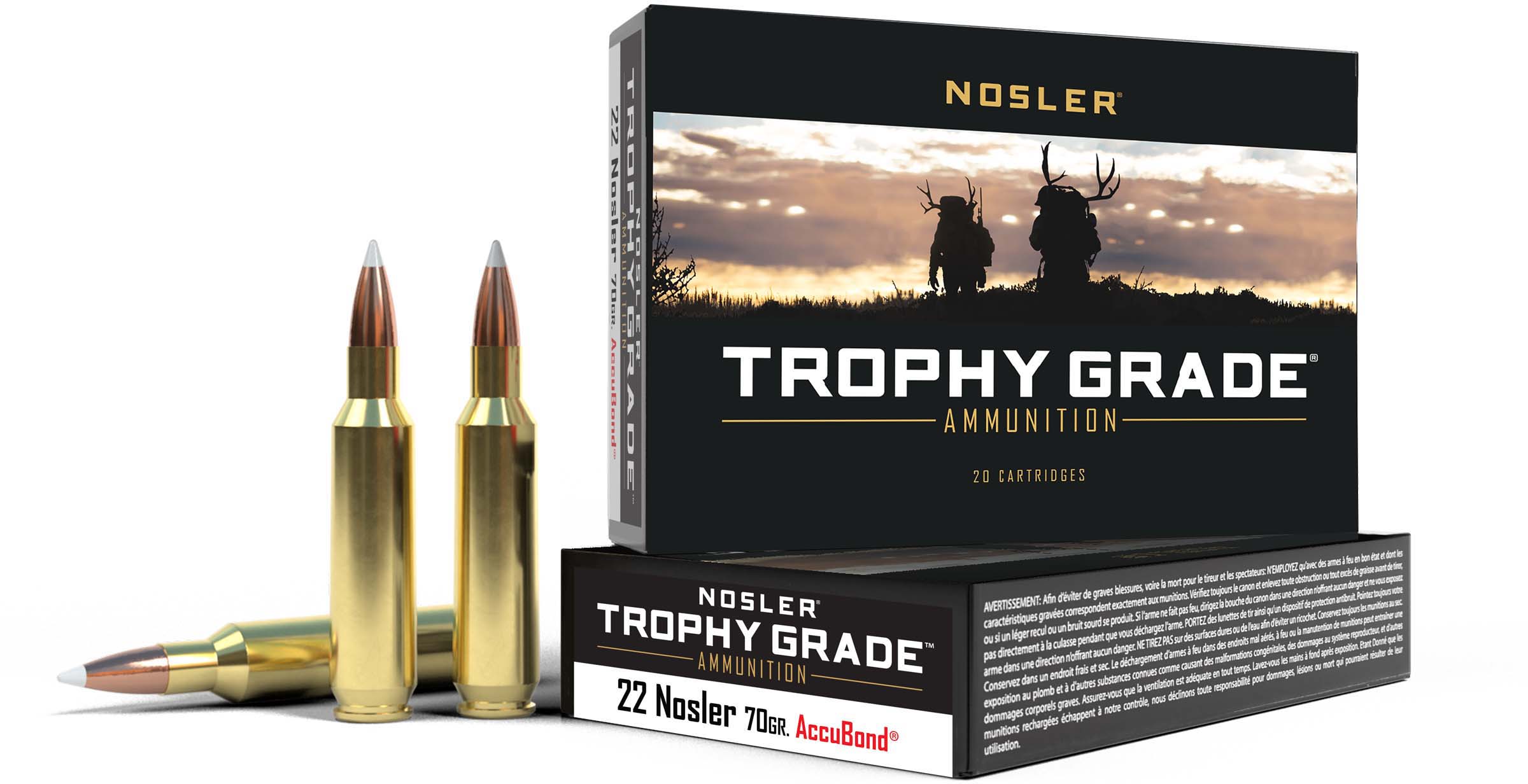 Nosler Trophy Grade .22 Nosler 70 Grain Jacketed Soft Point Brass Cased Centerfire Rifle Ammunition