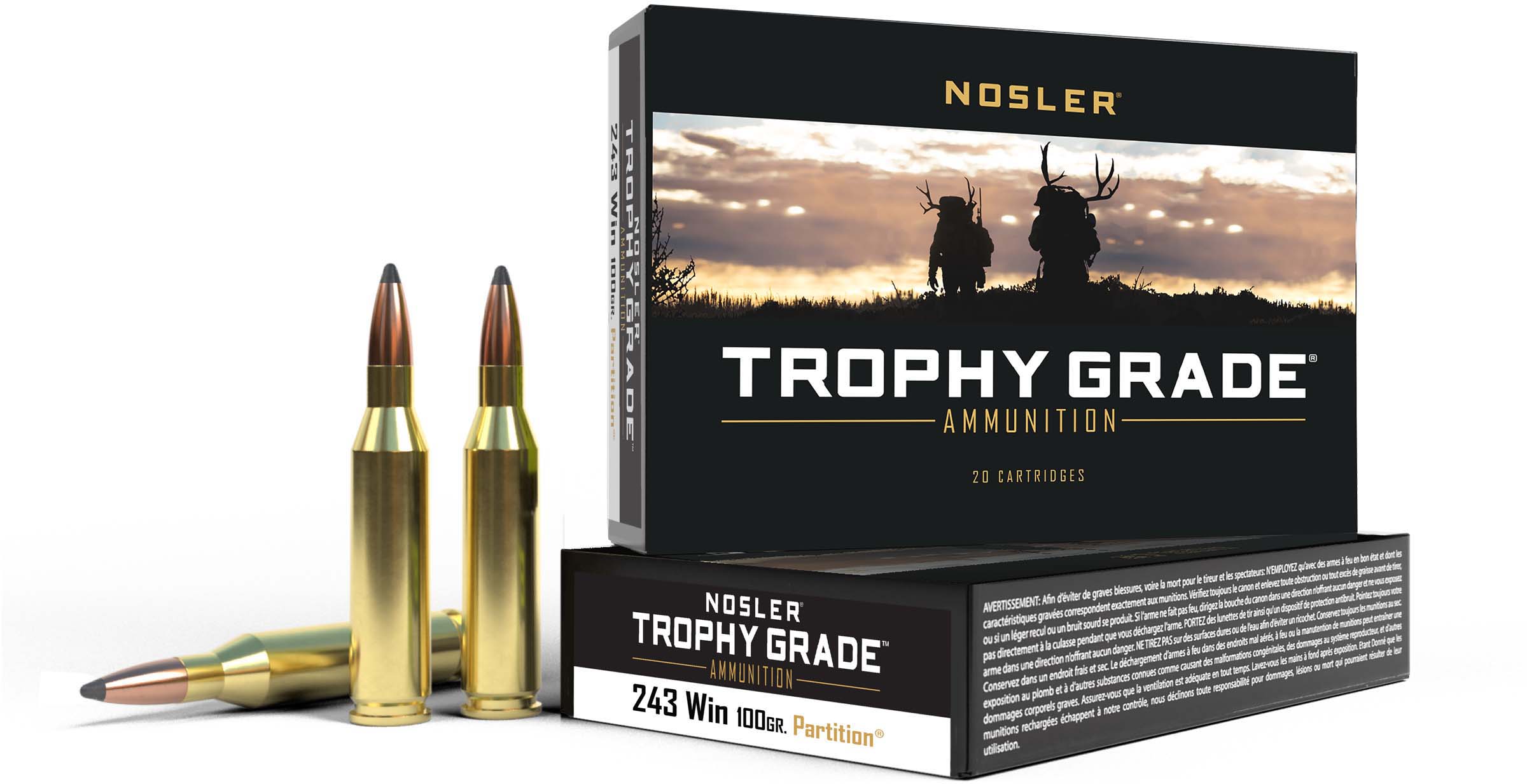 Nosler Trophy Grade 243 Win 100gr Partition Brass Centerfire Rifle Ammunition