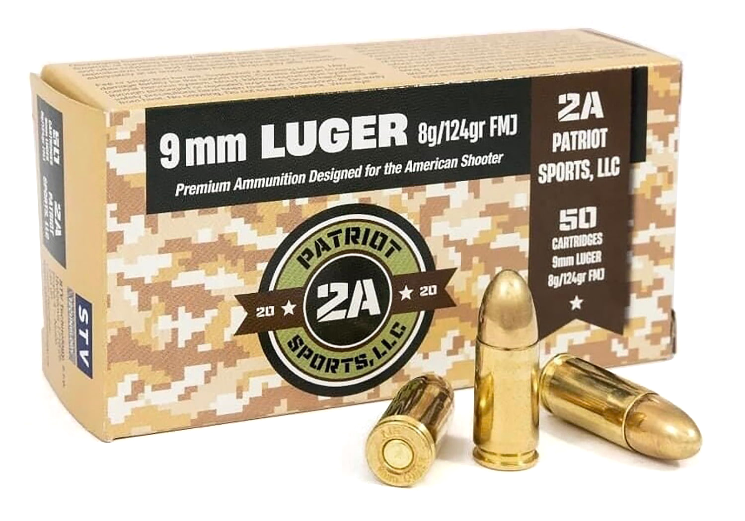 Patriot Sports, USA 9mm Luger 124 Grain Full Metal Jacket Brass Cased Pistol Ammunition