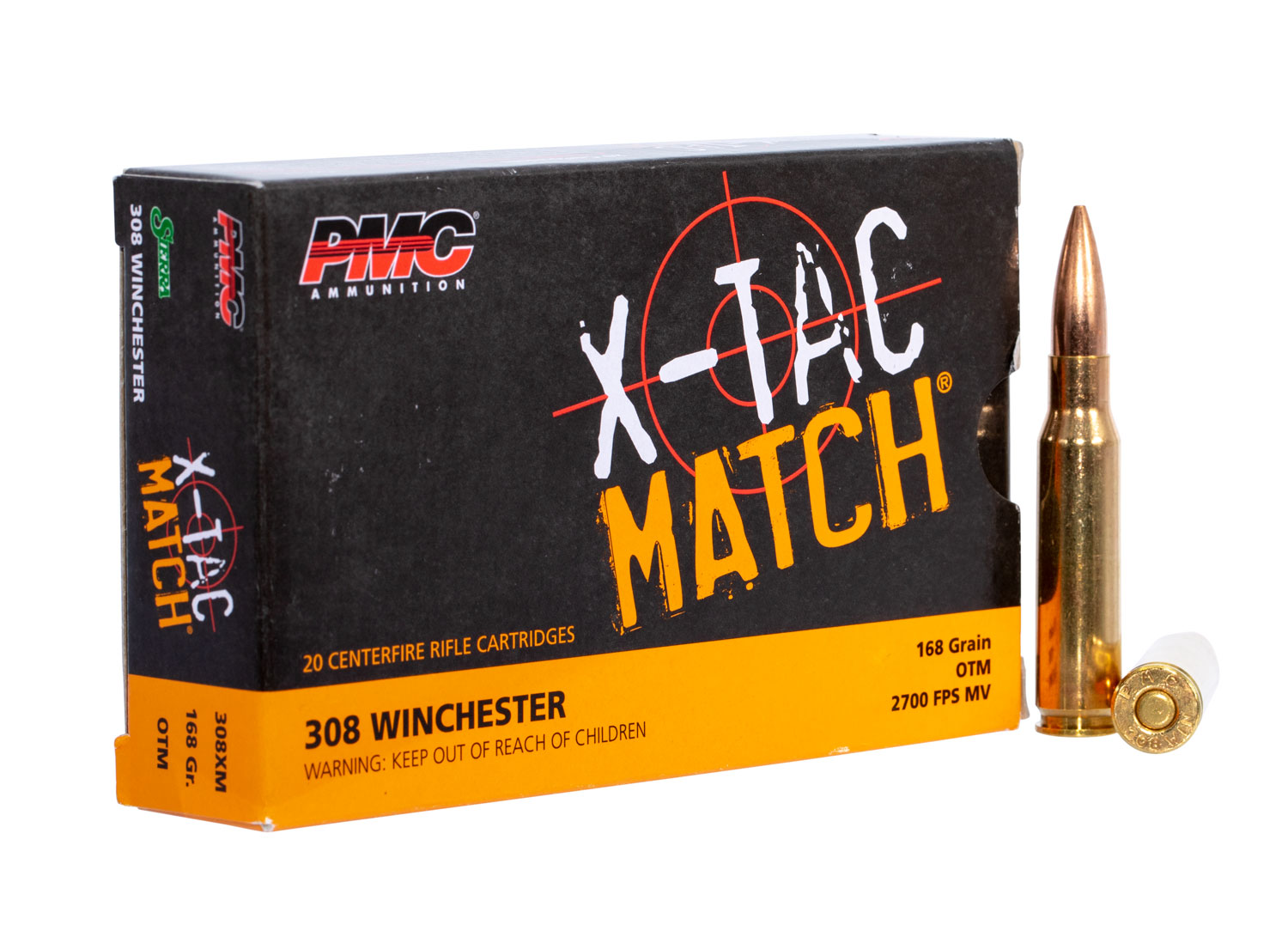 PMC Ammunition X-Tac Match .308 Winchester 168 Grain Open Tip Match Brass Cased Rifle Ammunition