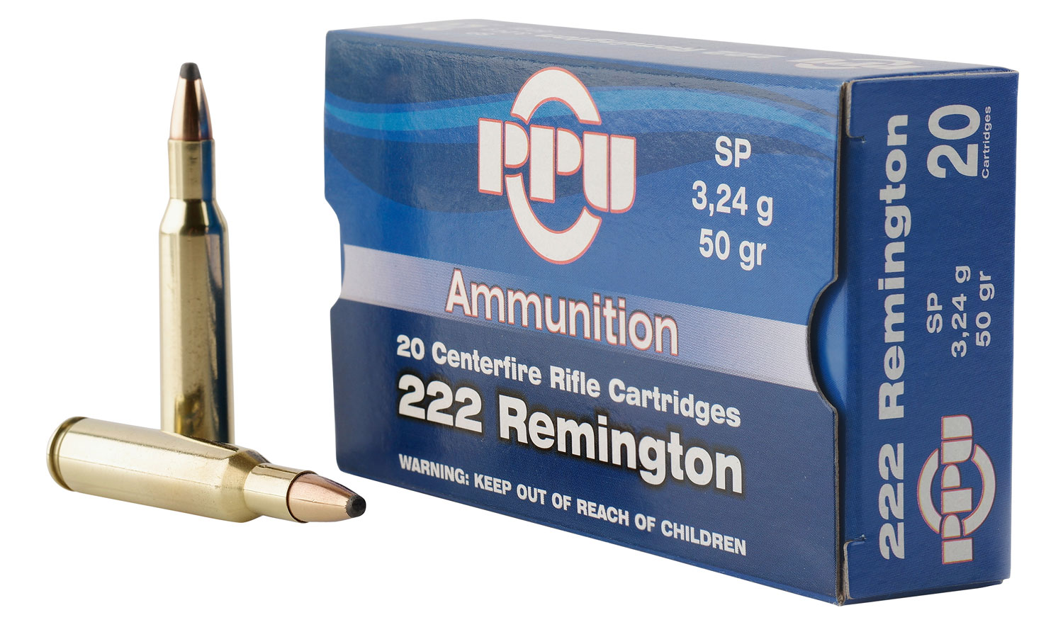 PPU Standard Rifle .222 Remington 50 Grain Soft Point Brass Cased Rifle Ammunition