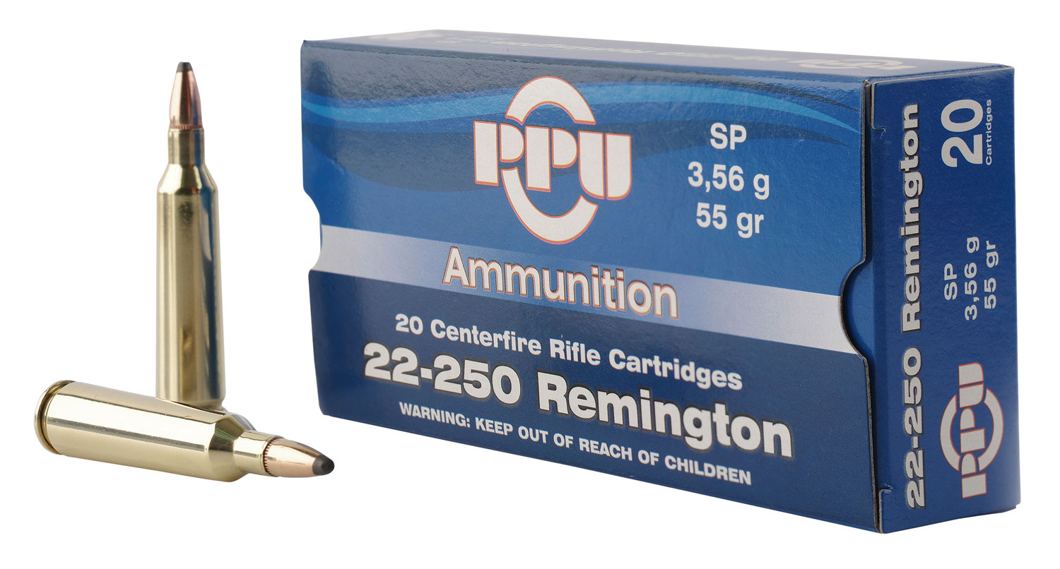 PPU .22-250 Remington 55 Grain Soft Point Brass Cased Rifle Ammunition