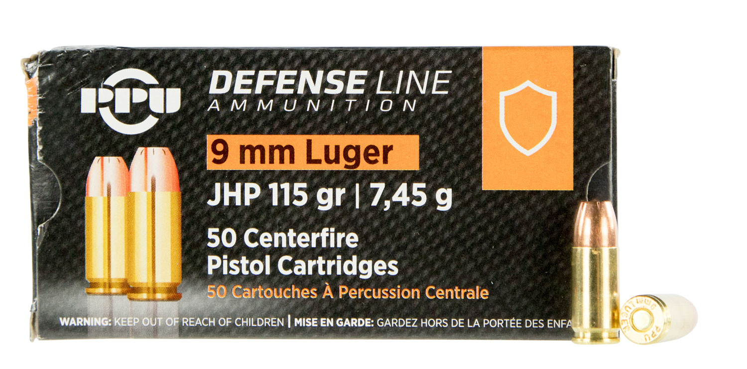 PPU Defense 9mm Luger 115 Grain Jacketed Hollow Point Brass Cased Pistol Ammunition