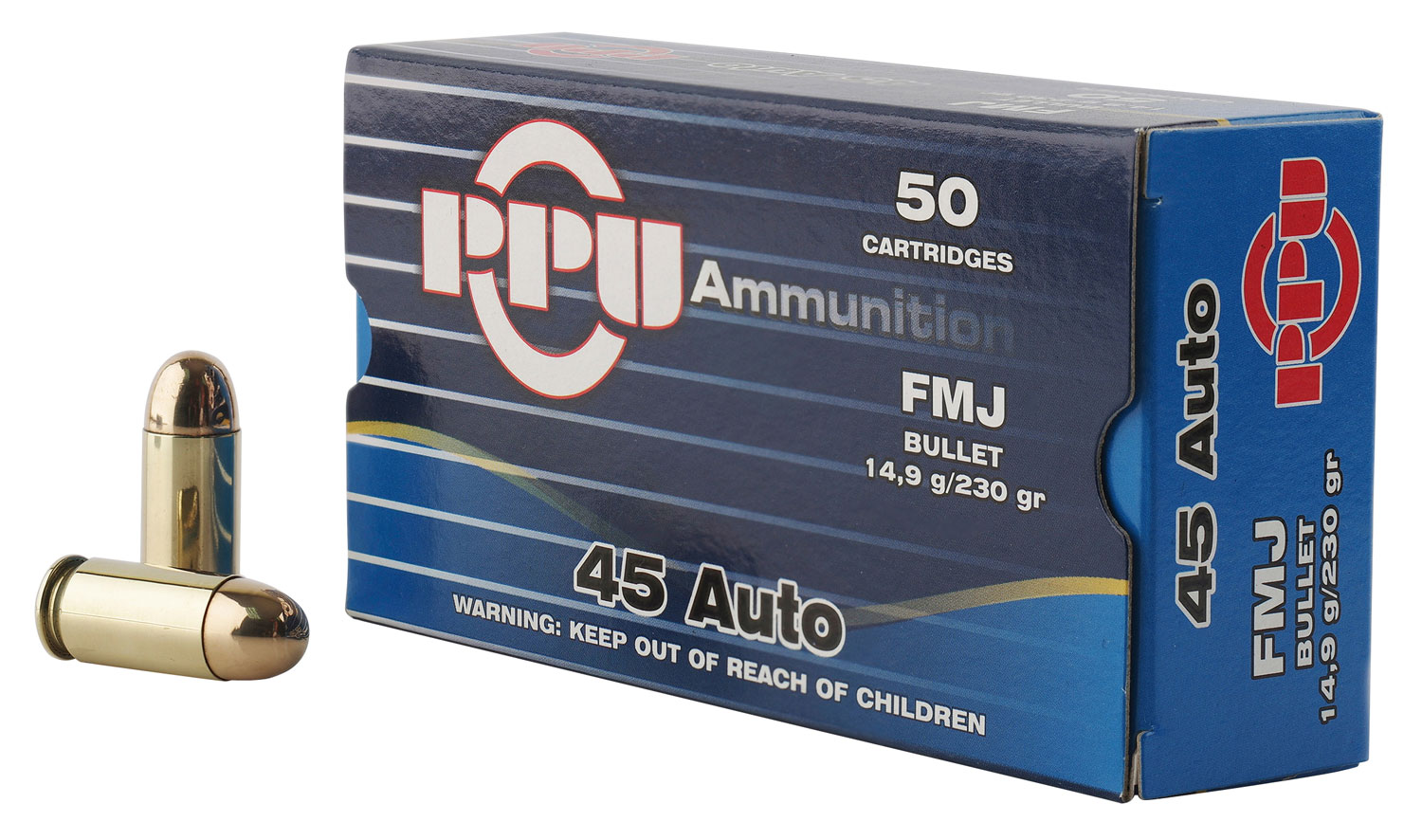 PPU Handgun .45 ACP 230 Grain Full Metal Jacket Brass Cased Pistol Ammunition