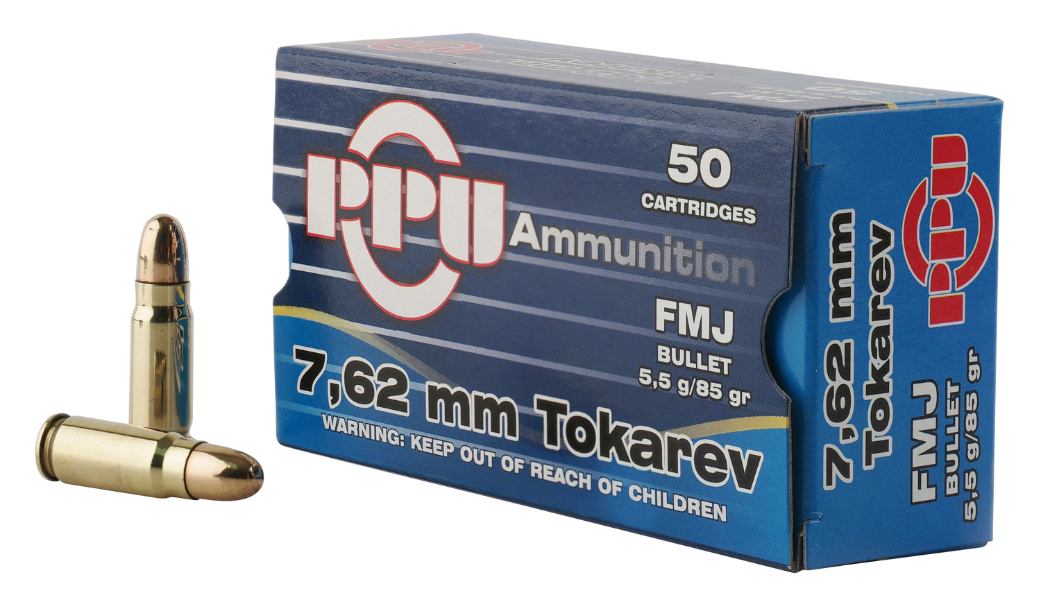 PPU Handgun 7.62x25mm Tokarev 85 Grain Full Metal Jacket Brass Cased Pistol Ammunition