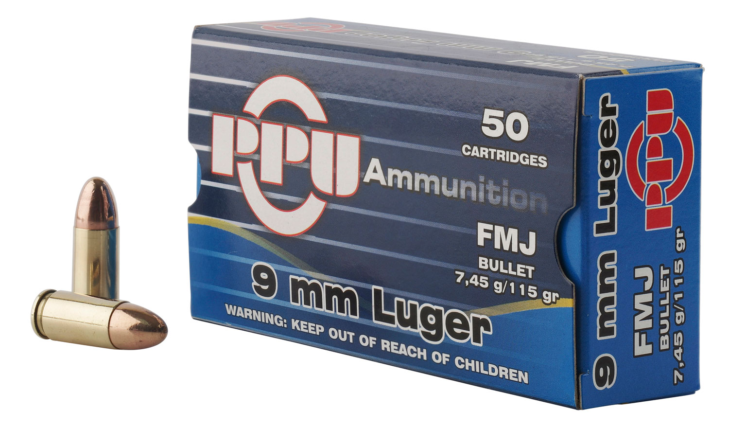 PPU Handgun 9mm Luger 115 Grain Full Metal Jacket Brass Cased Pistol Ammunition