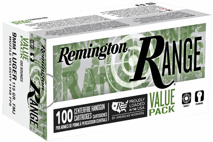 Remington 9mm Luger 115 Grain FMJ Range Handgun Centerfire Pistol Ammunition