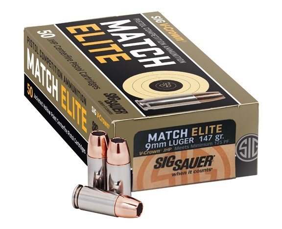 SIG SAUER Elite V-Crown Competition 9 mm Luger 147 grain Jacketed Hollow Point Brass Cased Centerfire Pistol Ammunition