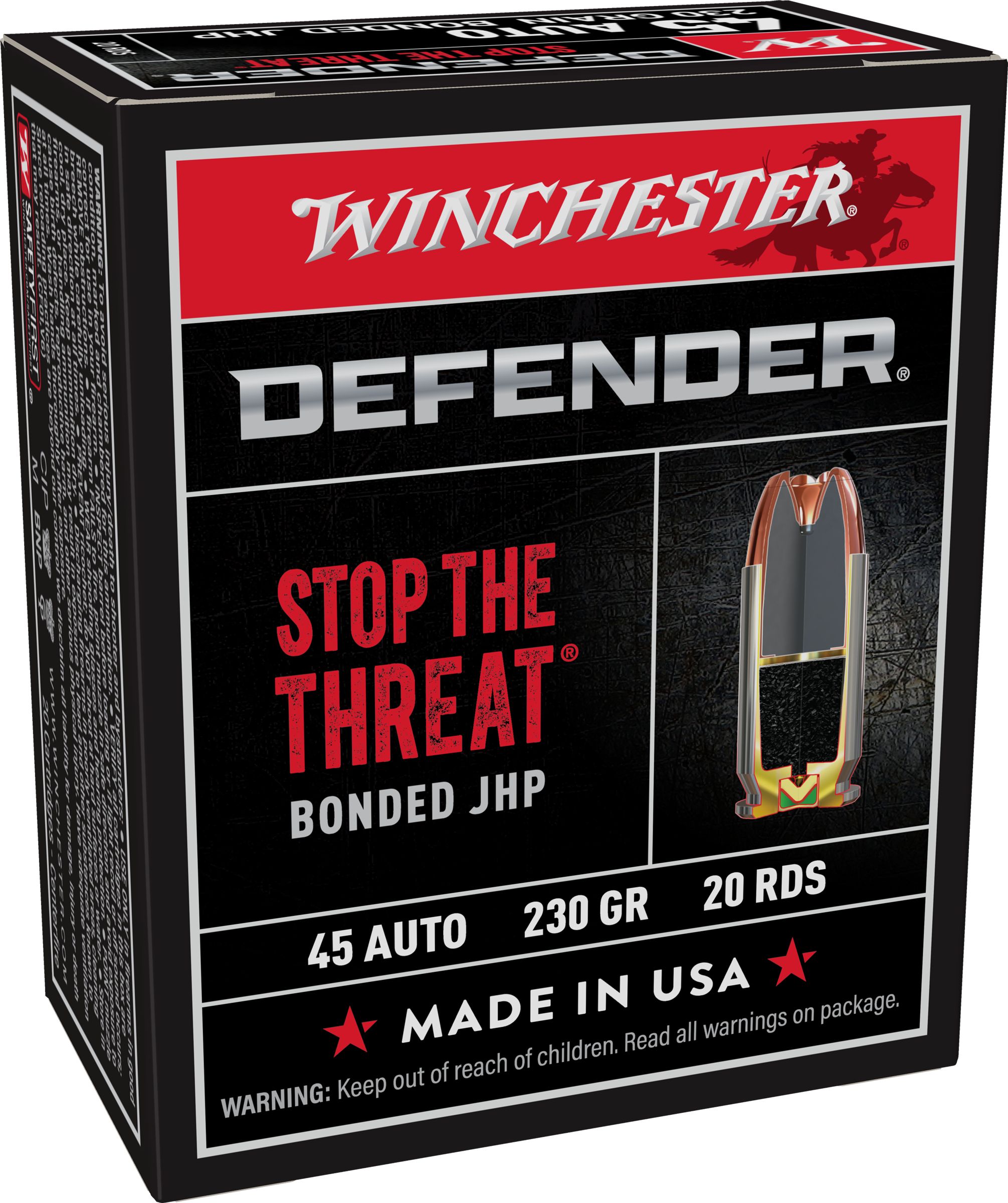 Winchester Defender Handgun .45 ACP 230 grain Bonded Jacketed Hollow Point Brass Cased Centerfire Pistol Ammunition