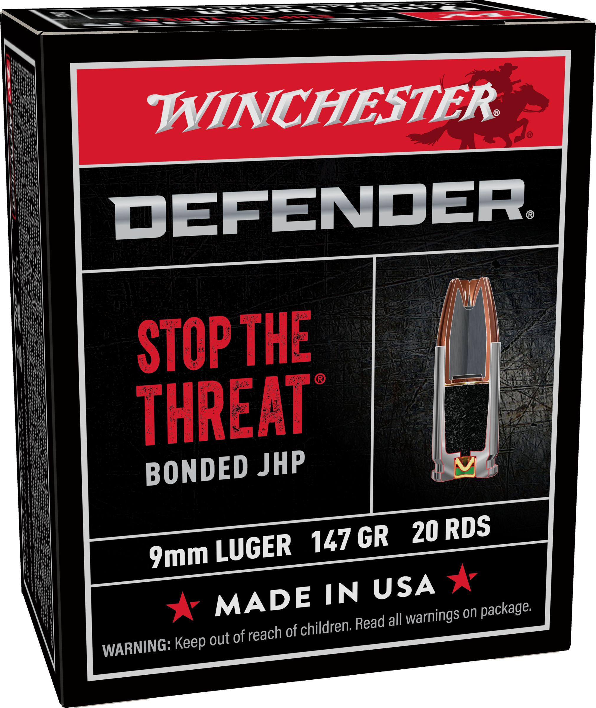 Winchester Defender Handgun 9 mm Luger 147 grain Bonded Jacketed Hollow Point Brass Cased Centerfire Pistol Ammunition