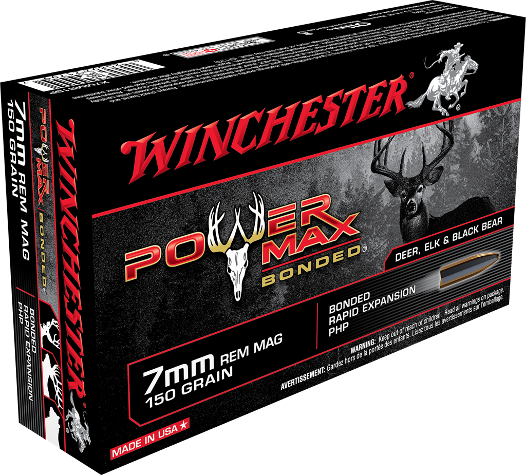 Winchester Power Max Bonded 7mm Remington Magnum 150 grain Bonded Rapid Expansion Protected Hollow Point Centerfire Rifle Ammunition