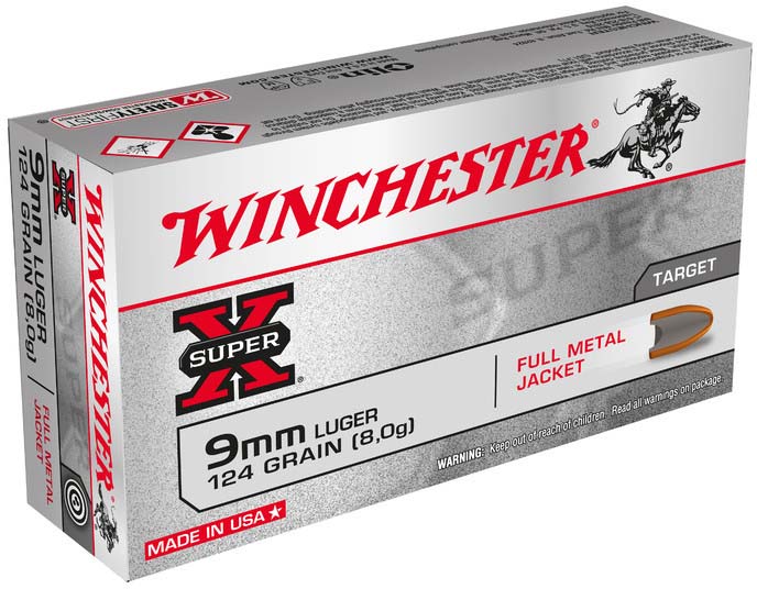 Winchester Super-X 9mm Luger 124 Grain Full Metal Jacket Brass Cased Pistol Ammunition