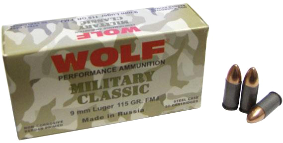 Wolf Ammo Miltary Classic Handgun Ammunition 9mm Luger 115 gr FMJ 1150 fps