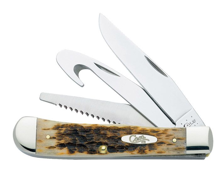 Case 6354GS SS Amber Bone Hunter Trapper Knife Clip, Gut Hook and Saw